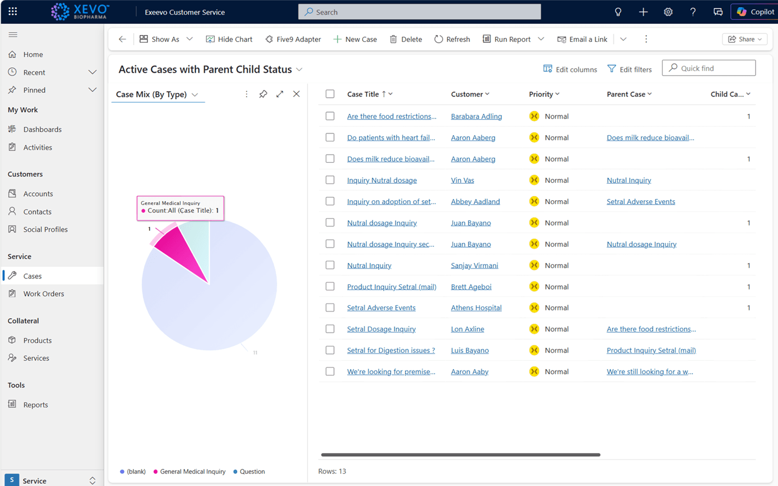 Screenshot of Cases, Assets and Kits in Exeevo CRM