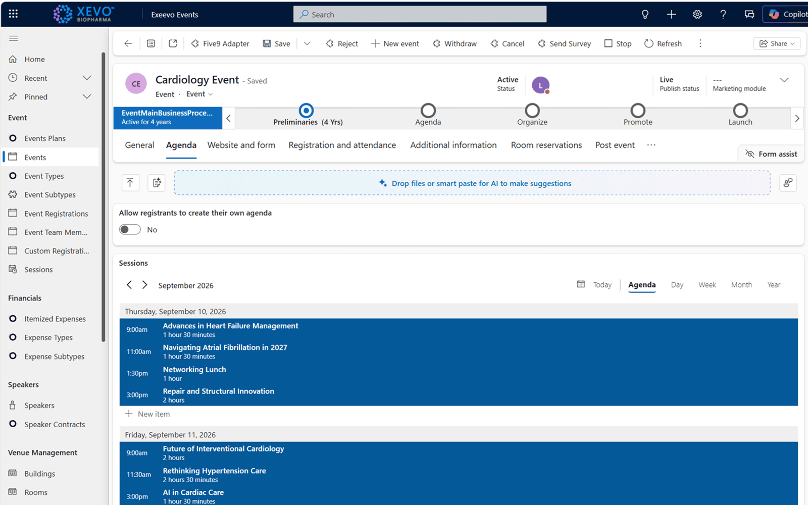 Screenshot of Events in Exeevo CRM
