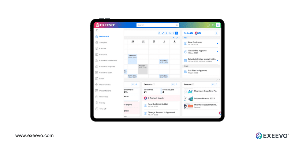 Exeevo app dashboard on a tablet
