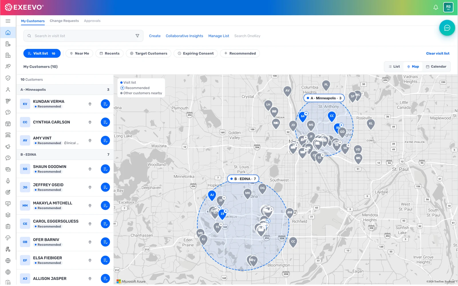 Field Sales screenshot: Visit list · planned by area on the map